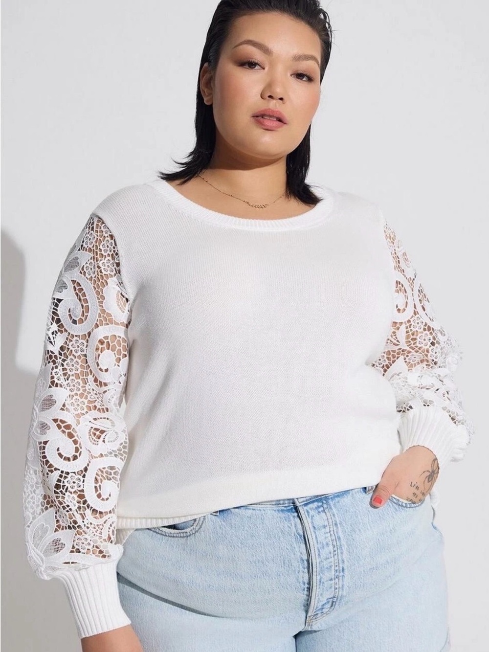 torrid White Lace-Sleeve Crewneck Sweater keyhole back with satin bow. Holiday